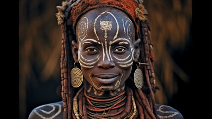 East African native lady grinning Put on some face paint and a headpiece. GENERATE AI