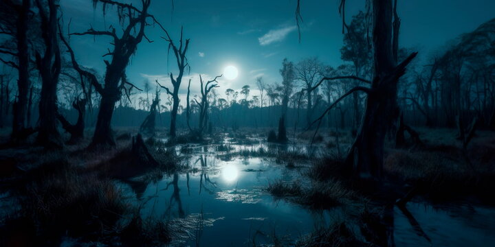 cursed swamp with twisted trees and murky waters, with ghostly apparitions and a full moon casting an eerie glow, evoking a sense of dread and foreboding. Generative AI