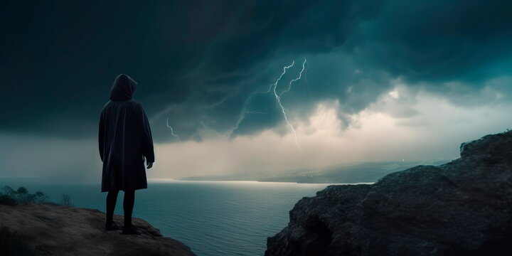 hooded figure standing on a cliff by the sea, with storm clouds and lightning in the background, suggesting a foreboding presence. Generative AI