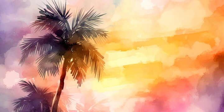 watercolor painting of a palm tree with a sunset in the background, perfect for use as a phone wallpaper. Generative AI
