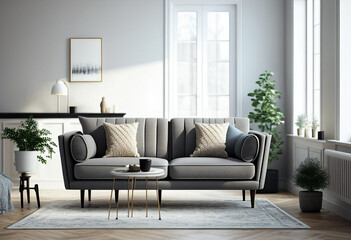 Interior of modern living room with sofa, coffee table, bookshelf, 3d render generative ai