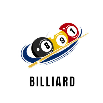 Simple billiards logo template illustration with billiard balls and sticks, design for billiards business.