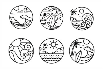 beach logo collection simple monoline style design vector illustration isolated white background
