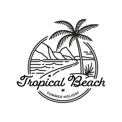 tropical beach and palm tree logo line art vector illustration icon graphic design template.