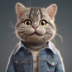 3D cartoon Cat portrait wearing clothes, standing in front, generative ai