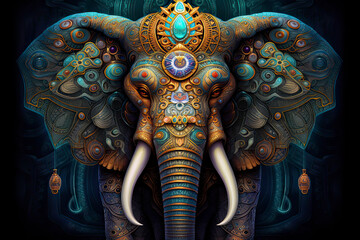 a portrait of a psychedelic elephant wearing hat.AI Generative