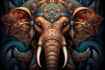 a portrait of a psychedelic elephant wearing hat.AI Generative