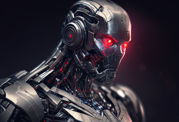 Cyborg with red light on dark background. 3D rendering. generative ai