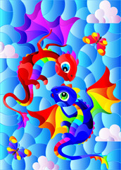 Obraz premium Stained glass illustration with bright cartoon dragons against a cloudy blue sky, in a bright frame
