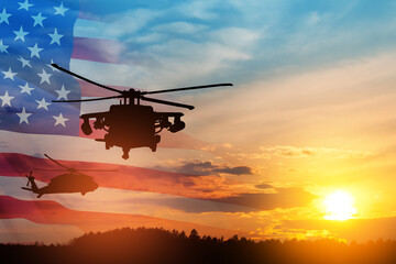 Naklejka na ściany i meble Silhouettes of helicopters on background of sunset with a transparent American flag.
