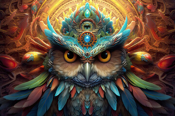 a portrait of a psychedelic owl wearing hat .AI Generative