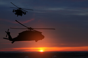 Naklejka na ściany i meble Silhouettes of helicopters on background of sunset.