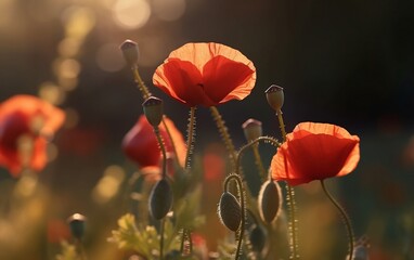 Fototapeta premium Red poppies in the morning sun, bottom view, bokeh background created with Generative AI technology