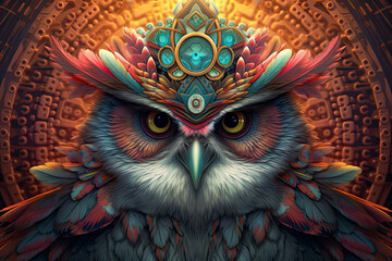 a portrait of a psychedelic owl wearing hat .AI Generative