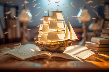 Sailboat sailing on a journey through books, knowledge and education concept, Generative AI