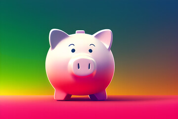 Cute piggy bank on pink and green gradient background. Generative AI