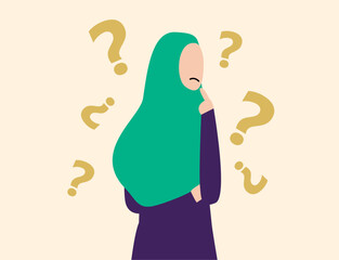 Confused hijab woman thinking of a solution. Doubtful Muslim woman with many question marks around her.   