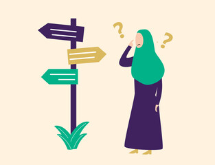 Women looking for the right direction. Confused hijab woman to find the right path.