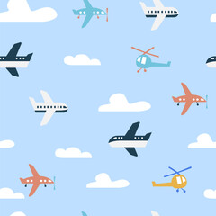Seamless pattern of childish cute air plane or transportation with cloud and blue background