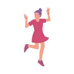 Happy young woman dancing, flat vector illustration isolated on white background.