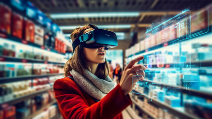 person wearing vr glass,virtual reality headsets and using virtual assistant or panel interface hologram transparent for shopping product.technology development.generative ai technology