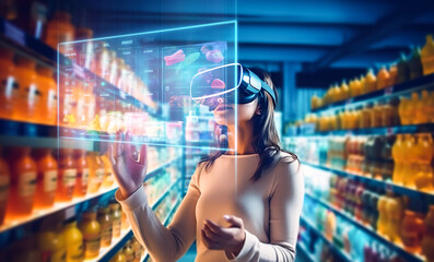person wearing vr glass,virtual reality headsets and using virtual assistant or panel interface hologram transparent for shopping product.technology development.generative ai technology