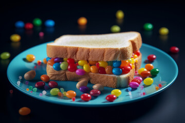 White bread sandwich with colorful jelly beans inside, unhealthy food, junk food concept, Generative AI