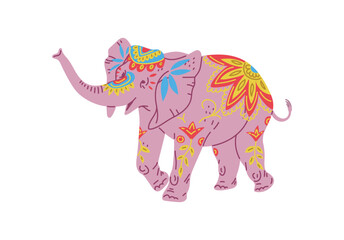 Elephant covered with tribal ethnic ornament flat vector illustration isolated.