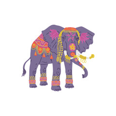 Elephant dressed up for wedding or religious ceremonies, flat vector isolated.