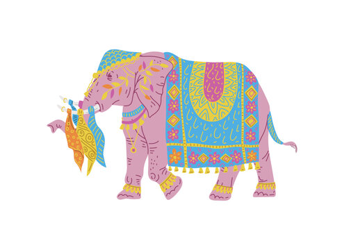 Elephant decorated for wedding or Hindu religious holidays, flat vector isolated.