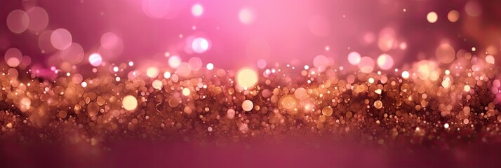 Pink rose and gold abstract glitter bokeh background. Holiday texture confetti celebration wallpaper. 