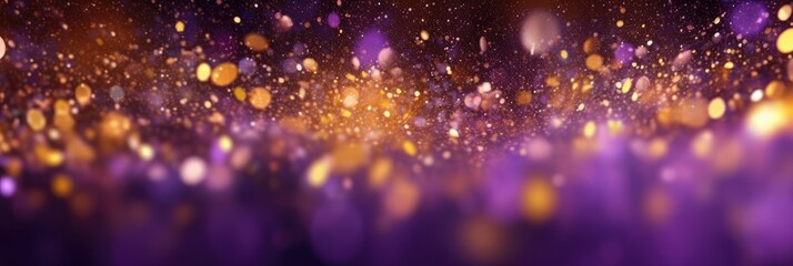 Fototapeta na wymiar Purple and gold abstract glitter bokeh background. Holiday texture confetti celebration wallpaper. 