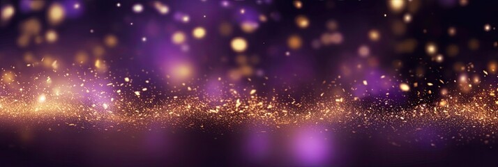 Purple and gold abstract glitter bokeh background. Holiday texture confetti celebration wallpaper. 