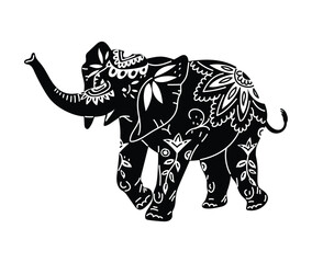 Silhouette of decorated elephant, vector illustration isolated on white background.