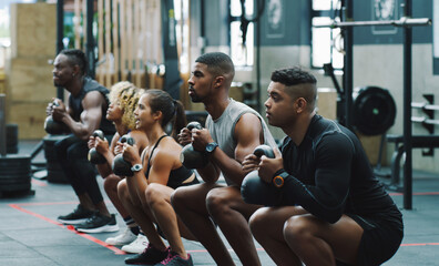 Weightlifting, fitness and people with kettle bell in gym for training, exercise and workout class. Teamwork, body builder and men and women squat with weights for challenge, wellness and strength