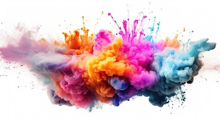 Colorful rainbow cloud explosion on white background. Paint puff of smoke abstract splatter art.