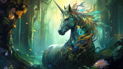 Magical enchanted unicorn fairytale. Flowing mane spring flowers. Fairy world.