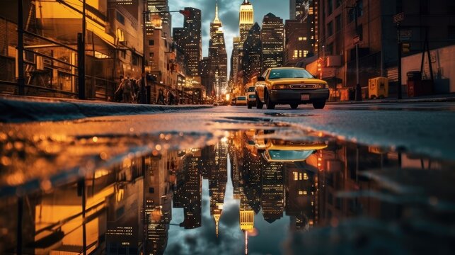 City urban skyscraper landscape reflected in a rain puddle. Cityscape with buildings, taxi cabs, and cars.