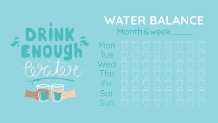 Water Tracker. Water Balance Calendar. Water weekly Tracker. From Monday to Sunday. Hydration Challenge. Flat vector illustration on a blue background. Drinking water checklist with glasses