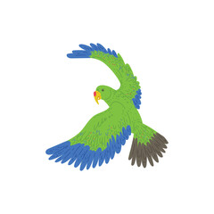 Flying aratinga or macaw parrot with green plumage flat vector isolated .