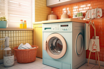 Clothes washing machine in laundry room interior.AI Generative