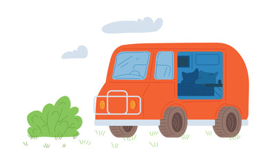 Camping caravan van for comfortable travel and tourism, flat vector isolated.