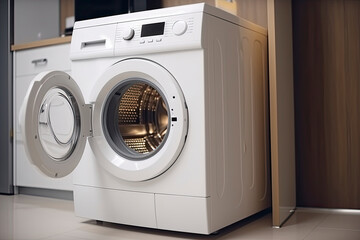 Clothes washing machine in laundry room interior.AI Generative