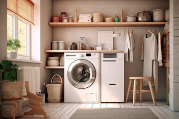 Clothes washing machine in laundry room interior.AI Generative