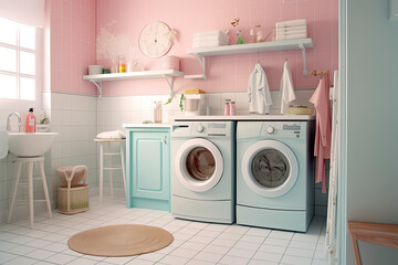 Clothes washing machine in laundry room interior.AI Generative