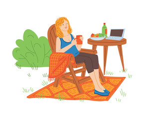 Woman resting and working on laptop in glamping or camping flat vector isolated.