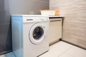 Clothes washing machine in laundry room interior.AI Generative