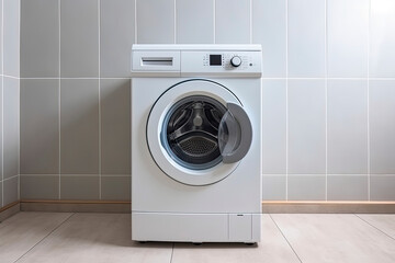 Clothes washing machine in laundry room interior.AI Generative