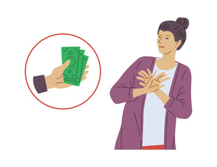 Woman refuses money or a bribe, lat vector illustration isolated on white.