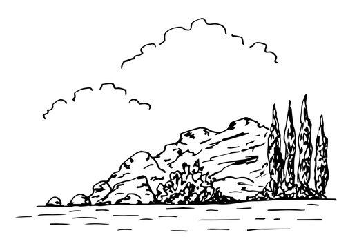 Simple black outline vector drawing. Landscape and nature. Rocky cliff, shore, mountain lake, trees and bushes. Sketch in ink.